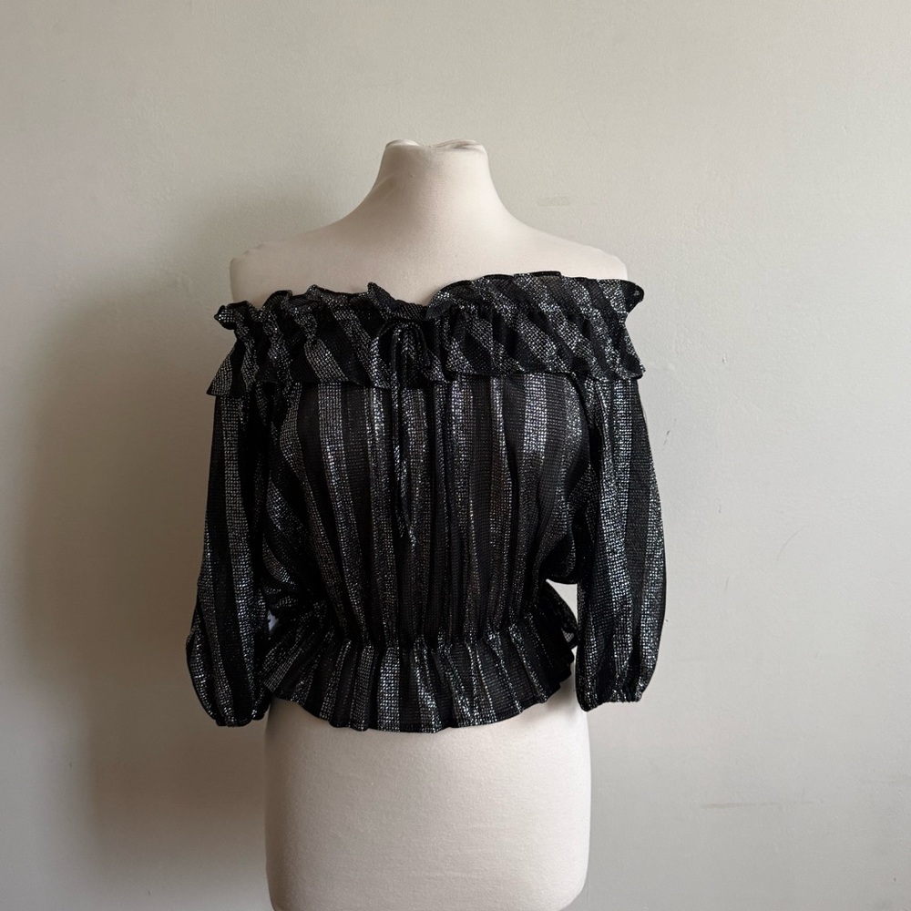 Vintage 90’s Black and Silver Striped Ruffled Off The Shoulder Blouse